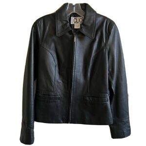 Vintage Clio  Black Leather Moto Style Jacket Size 10 Zipper Front Pocket